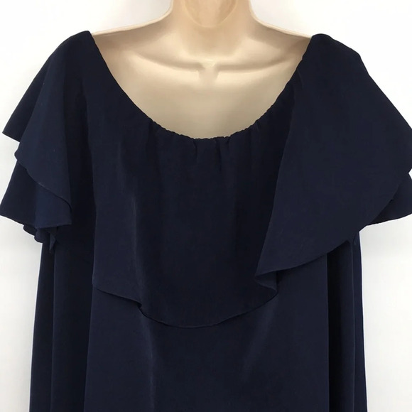 MLM Blouse Womens Small Navy Off The Shoulder Short Sleeve Top Silky Ruffle - Picture 6 of 13